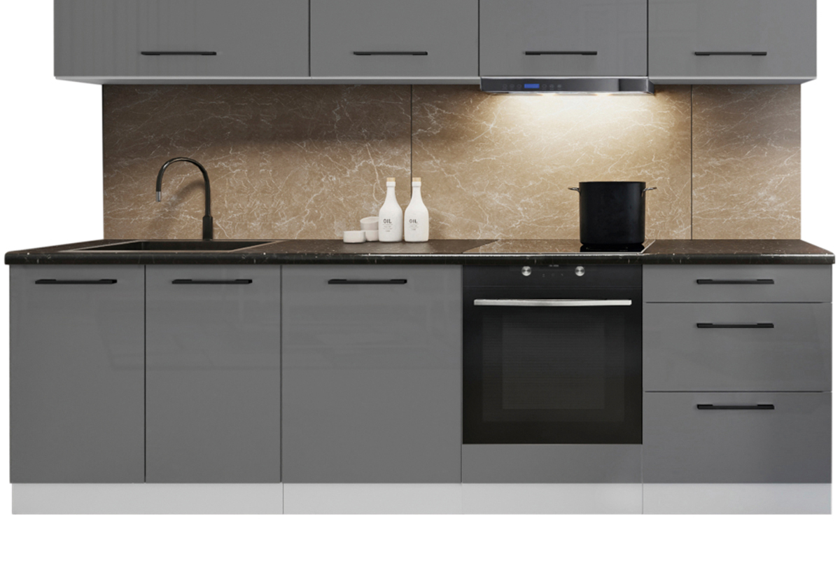 Απεικονίζονται τα ντουλάπια και συρταριέρα βάσης Black & White Έτοιμη Κουζίνα Γκρι.